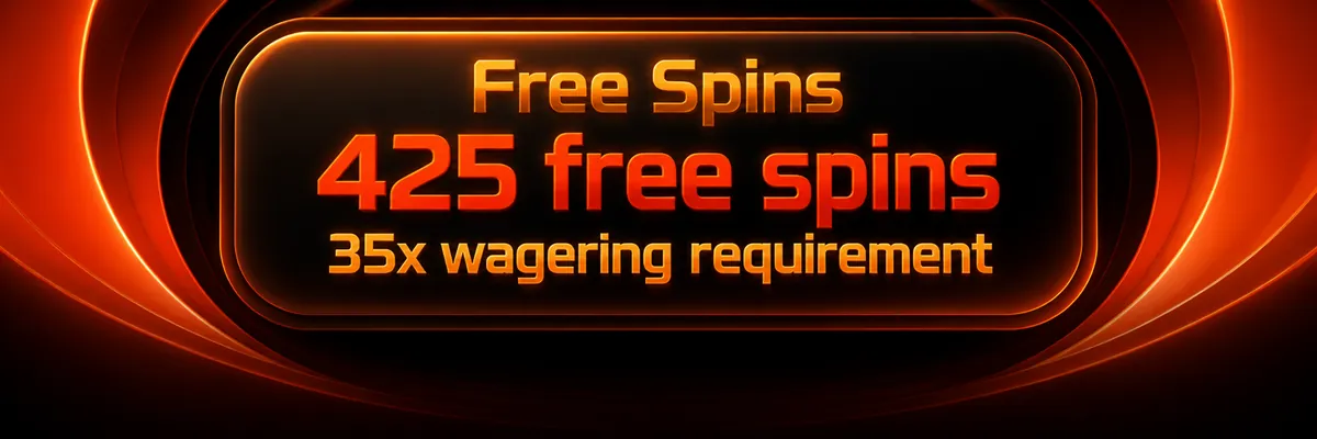 A cropped casino interface highlights 425 free spins with glowing orange bands and a long pill-shaped button.