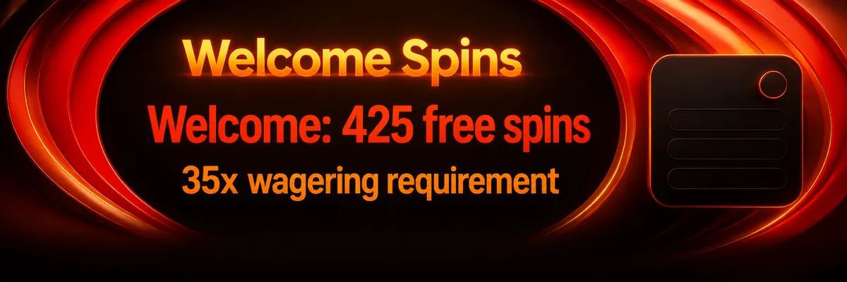 A glossy orange interface frames a dark circular opening beside a rounded panel, promoting 425 welcome free spins.